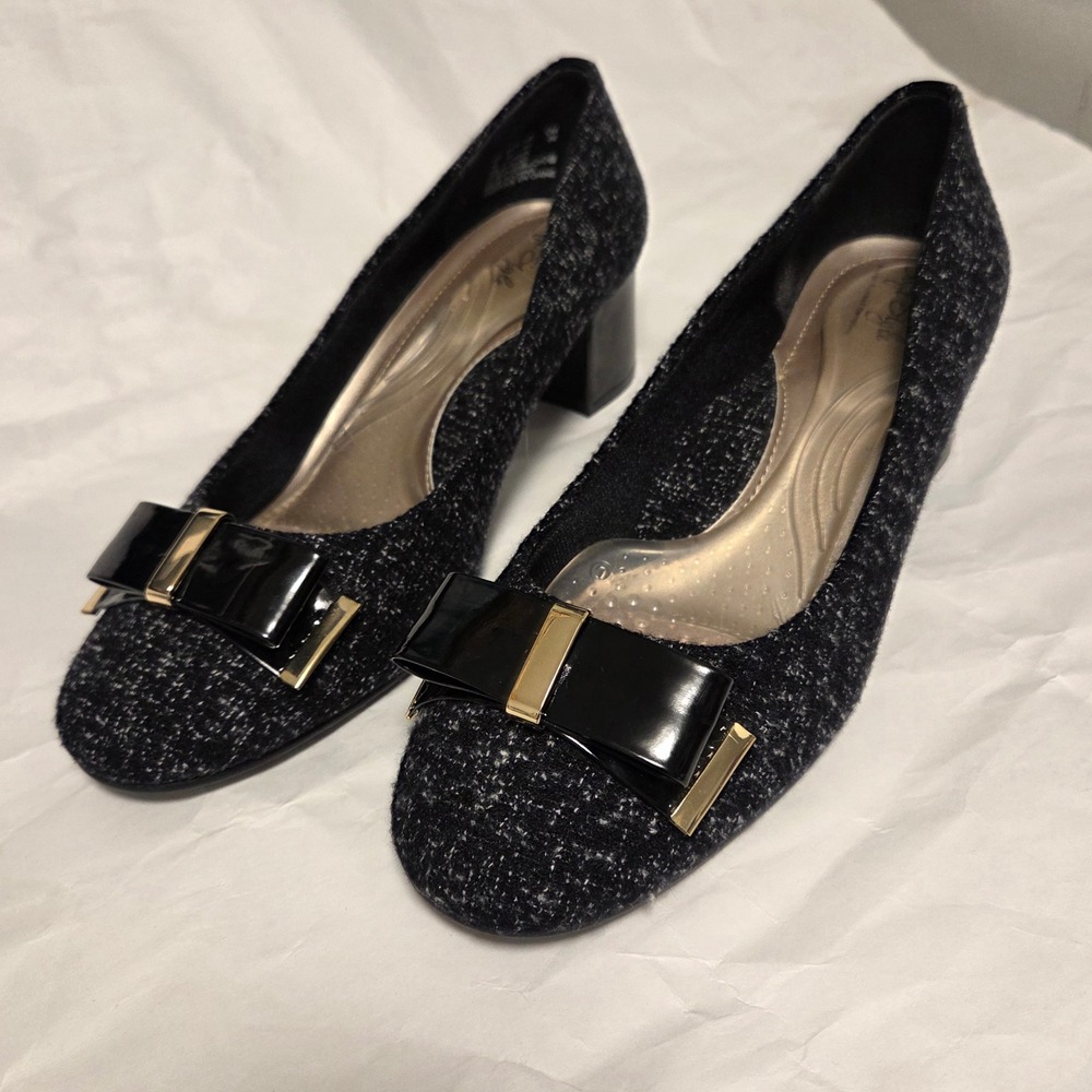 Soft Style by Hush Puppies Women Black White Tweed Bow Block Heel Pumps 8.5